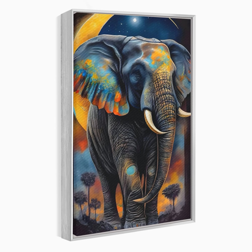 Tablou canvas cu tablou canvas cu elefant colorat si luna, in rama de aluminiu argintiu
